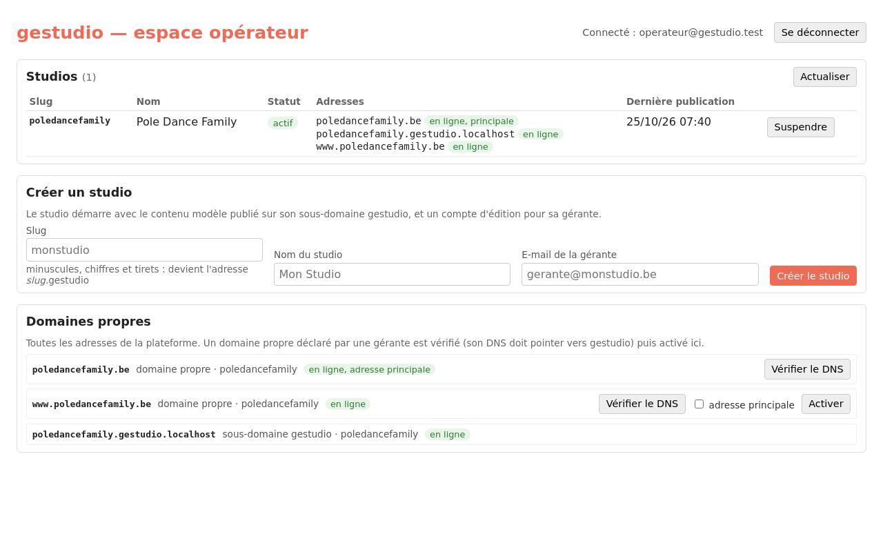 Connexion de l'opérateur : la liste des studios