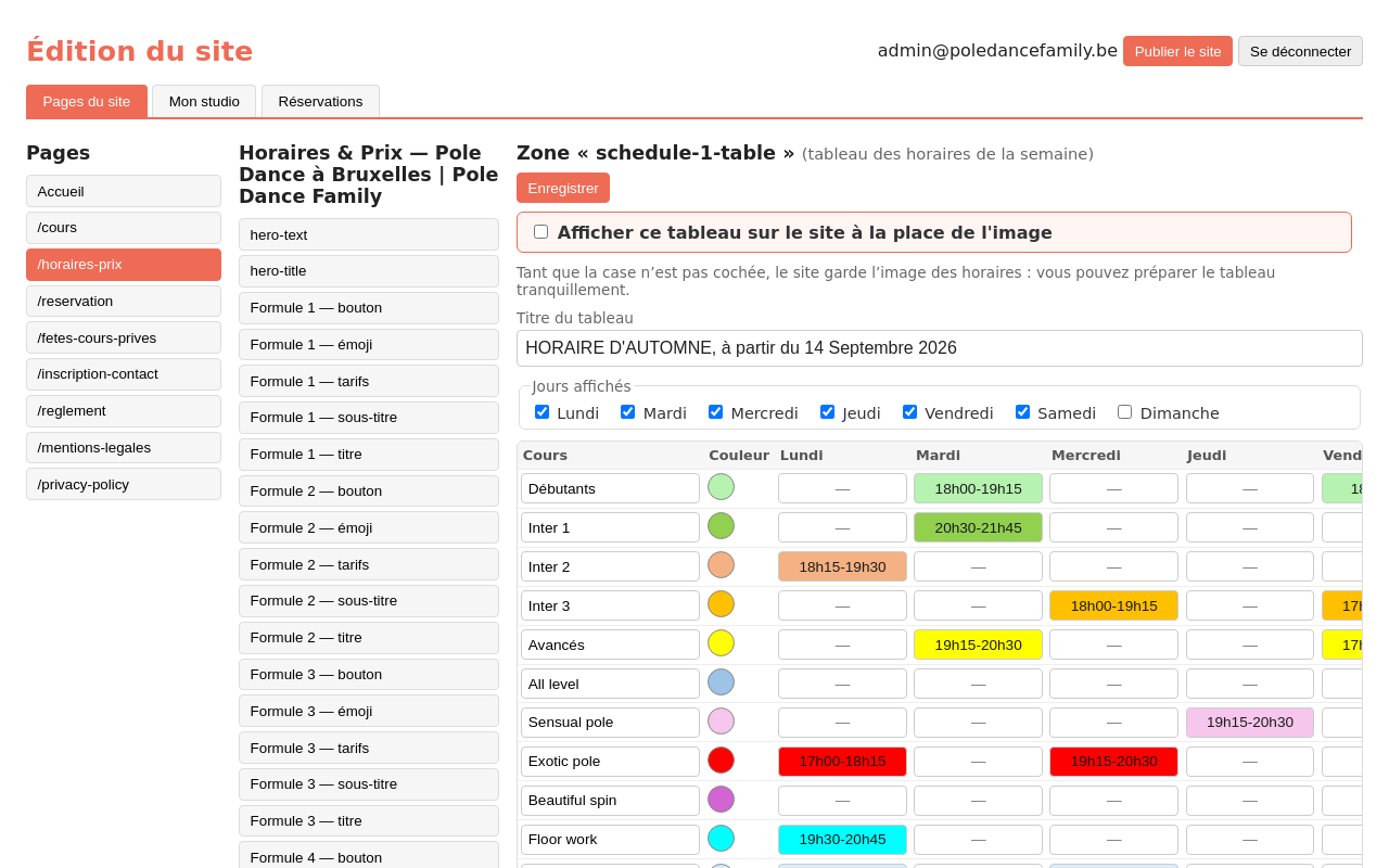 Horaires : l'horaire d'automne, transcrit en tableau, pas encore affiché