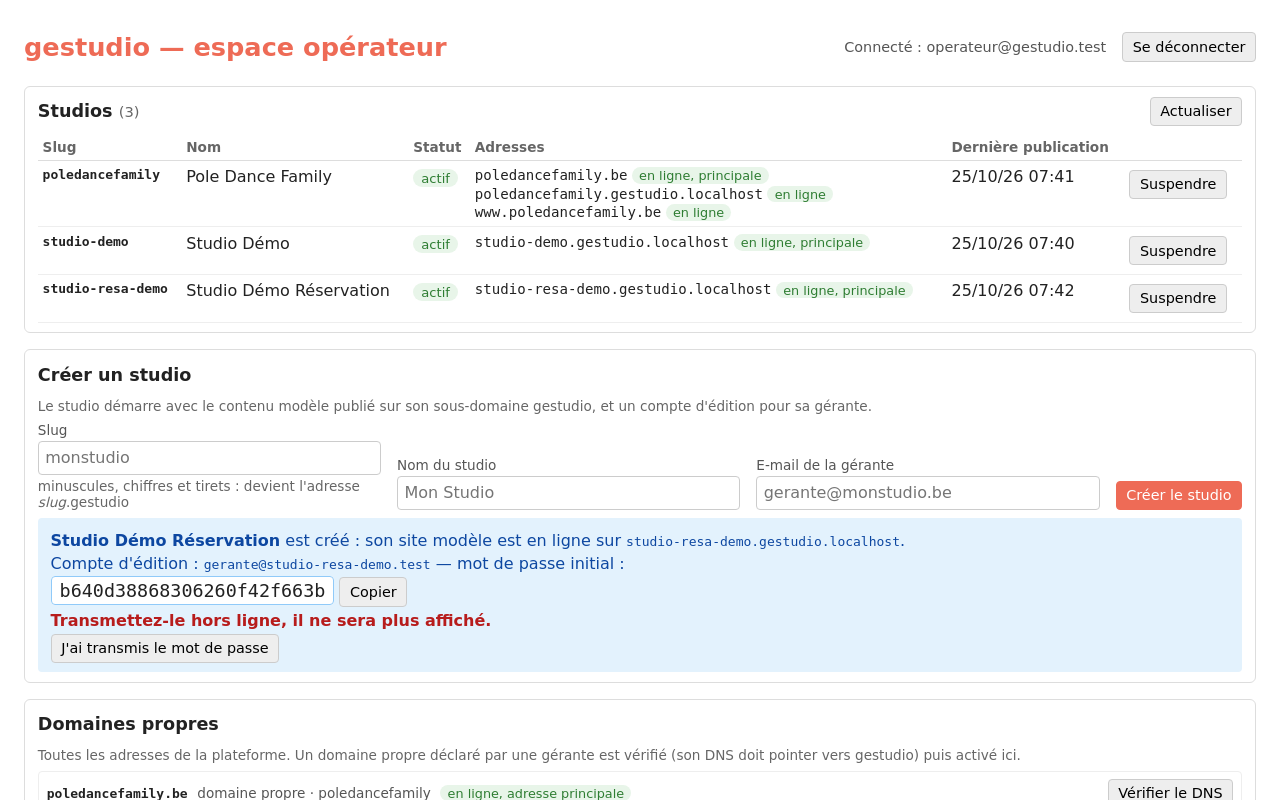 L'opérateur crée « Studio Démo Réservation » : un nouveau studio, sans réservation en ligne (mode none)