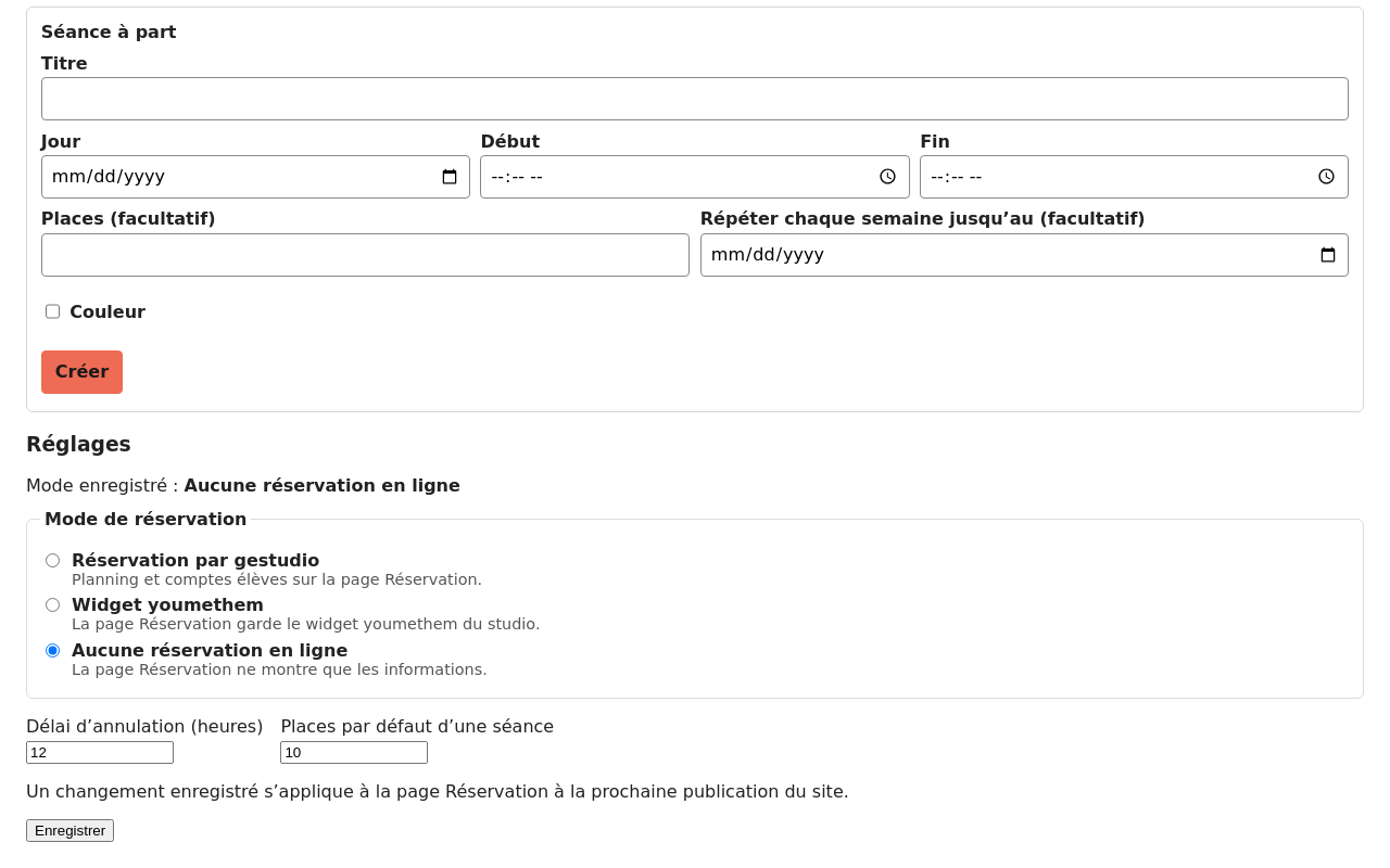 Réservations → Réglages : « Aucune réservation en ligne » (mode d'un studio neuf)