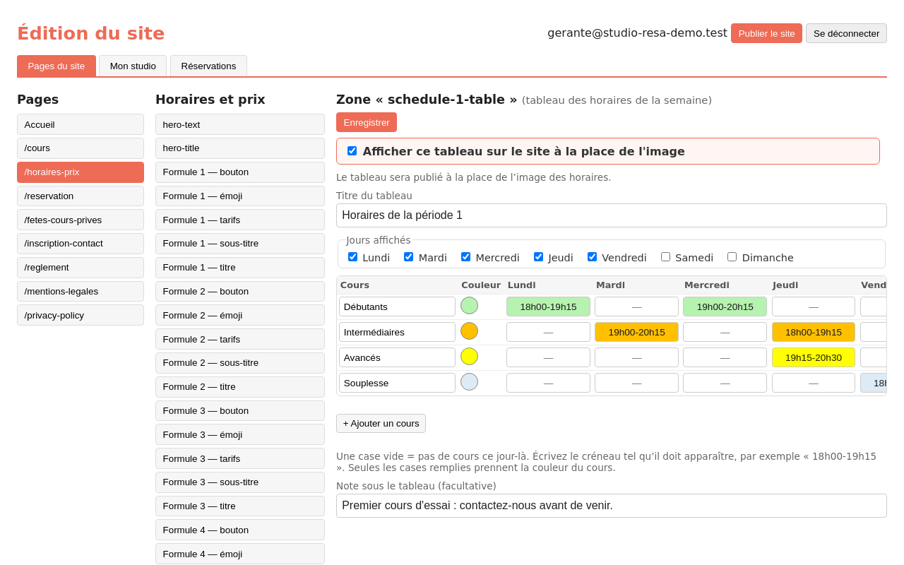 Horaires : « Afficher ce tableau sur le site à la place de l'image » est coché pour l'horaire de la période 1