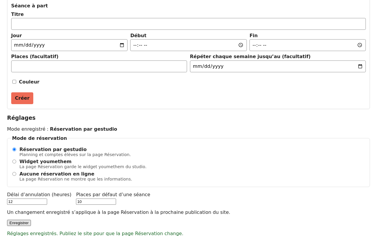 Réglages : la gérante choisit la réservation gestudio et enregistre