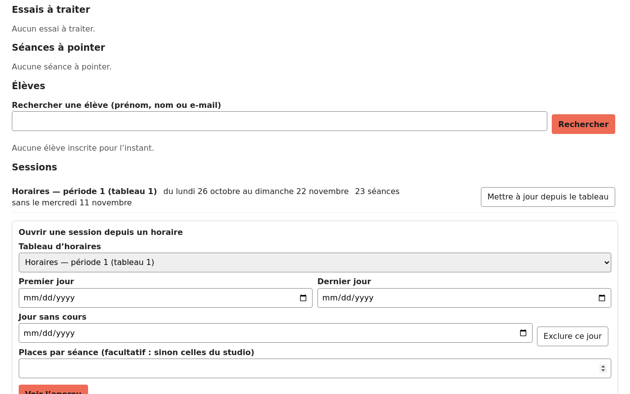 « Ouvrir la session » : session créée — O1 : 0 min 15 s, objectif < 10 min