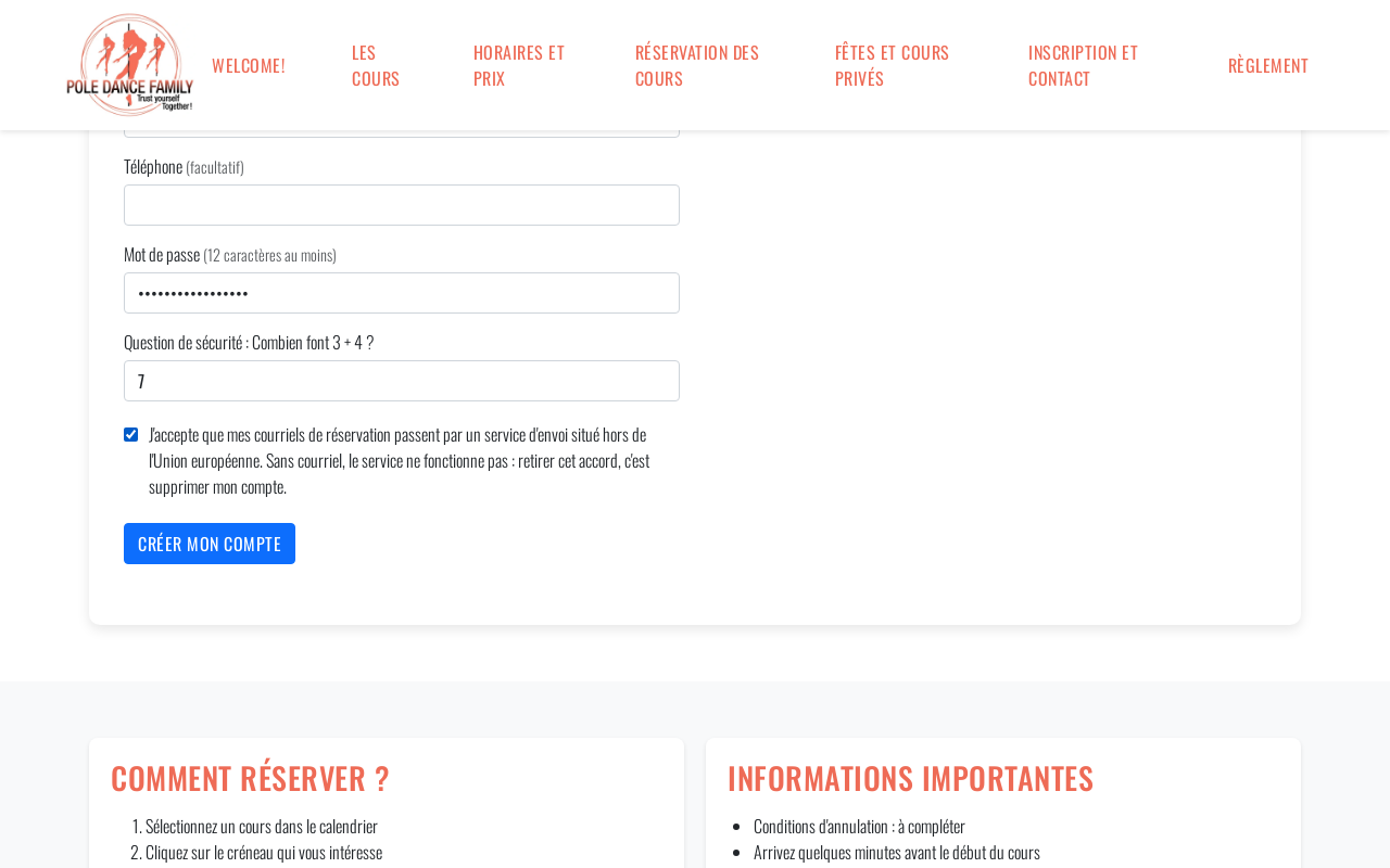 Une élève crée son compte sur la page Réservation : formulaire, question de sécurité, case d'accord d'envoi des courriels